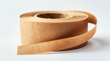 Close-up of adhesive brown paper tape in a clean roll, isolated on a white background, studio lighting highlighting texture
