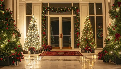 Fototapeta premium Christmas decor featuring trees on both sides of the entrance