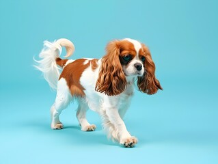 Cavalier King Charles Spaniel Explores Smartphone Technology on Pastel Sky Blue Backdrop