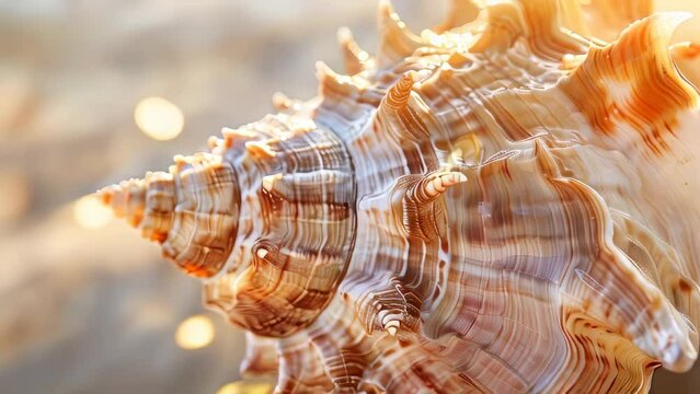 Close-up of sunlit ocean seashell with intricate patterns on sandy background