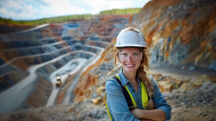 Caucasian Safety and Occupational Health Specialist Woman Smiling Confidently, Open-Pit Mine Environment, Risk Mitigation Concept, PPE, Copy Space.