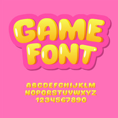 Game Design Font. Playful Funny Alphabet. 3d Volumetric Cartoon Letters and Numbers.