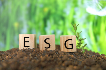 ESG Letter on Woodenblock With Little Tree On The Ground Against Nature Background