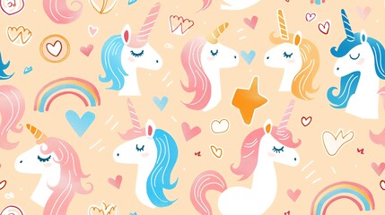 Pastel colors seamless pattern with hand-drawn LGBTQ pride elements, such as unicorns, rainbows, and love symbols, creating a whimsical and supportive design