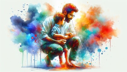 Fototapeta premium Watercolor painting of a father kneeling and embracing his son with a colorful abstract background and birds flying
