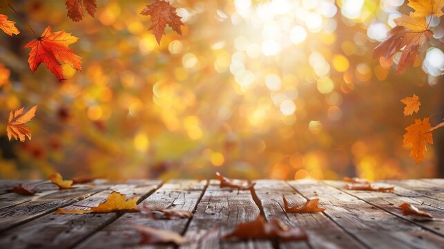 Wooden table with orange fall leaves, autumn natural background