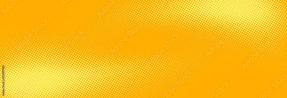 Poster yellow halftone pattern. retro comic gradient background. bright orange pixelated dotted texture ove