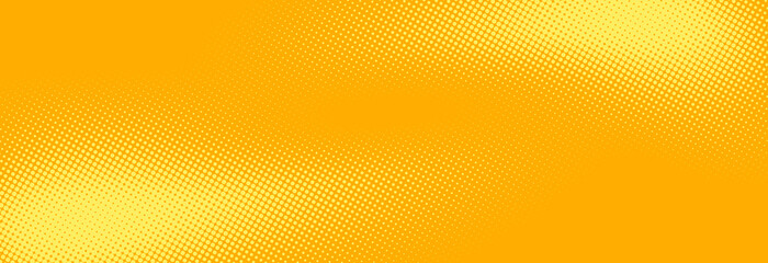 Yellow halftone pattern. Retro comic gradient background. Bright orange pixelated dotted texture overlay. Cartoon pop art faded gradient pattern. Vector backdrop for poster, banner, advertisement