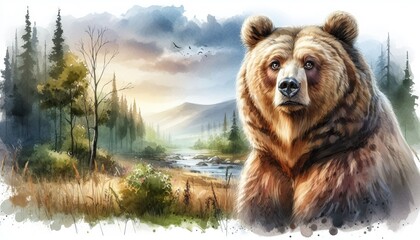 Fototapeta premium Watercolor painting of a bear in a forest landscape with a river, trees, mountains, and a cloudy sky