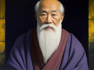 An image of an ancient Chinese sage with a luxuriant grey beard, dressed in dark hanfu, on a black background, executed in the style of oil painting