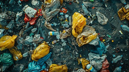 A chaotic jumble of plastic bags, bottles, and paper highlights the consequences of our throw-away culture, urging a shift towards sustainable practices