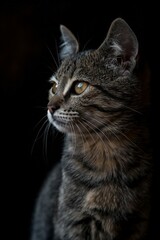 Fototapeta premium This high-resolution photograph showcases an Asera cat in a striking black background setting. With a focus on the feline's sharp features and natural habitat, it's a perfect piece for wildlife and na