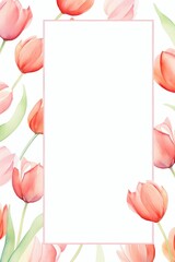 tulip themed frame or border for photos and text. in different shades of pink, red, and orange. watercolor illustration, Perfect for nursery art, simple clipart, single object, white color background.