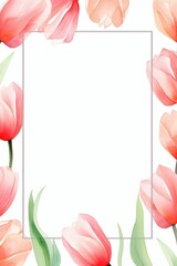 tulip themed frame or border for photos and text. in different shades of pink, red, and orange. watercolor illustration, Perfect for nursery art, simple clipart, single object, white color background.