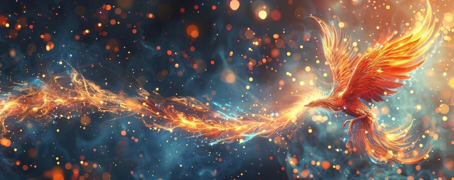 beautiful phoenix bird flying with fire flame