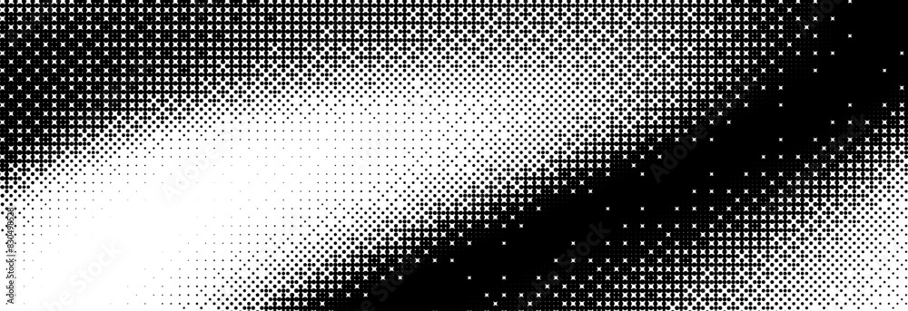 Poster Bitmap grunge gradient texture. Black and white pixelated dither pattern wallpaper. Abstract glitchy 8 bit game pattern background. Retro wide rasterized backdrop. pixel art Illustration. Vector