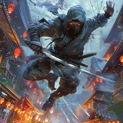 A fierce ninja leaping through the air with a flurry of shurikens. 