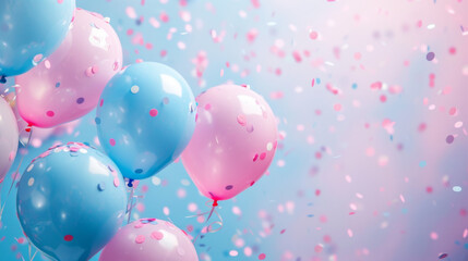 The background is pink and blue balloons, confetti, bokeh. Background for design with copy space. Birthday party decoration.