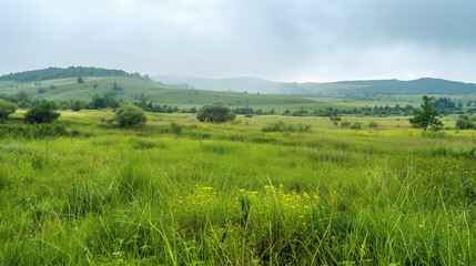 Obraz premium Beautiful natural panoramic countryside landscape. Blooming wild high grass in nature after rain in the morning.