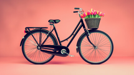 A stylish black bicycle with a front basket of subtle tulips, fully displayed against a vibrant light pink background.