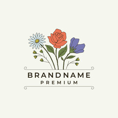 Botanical Floral element Hand Drawn Logo with Wild Flower, Leaves and Swallow Bird. Logo for spa and beauty salon, boutique, organic shop, wedding, floral designer, interior, photography, cosmetic.