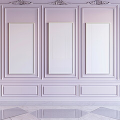 Chic gallery with sizable portrait blank frames on a muted violet wall, presenting a refined aesthetic.