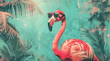 Abstract collage featuring a flamingo wearing sunglasses, surrounded by palm trees, all presented in a vintage style