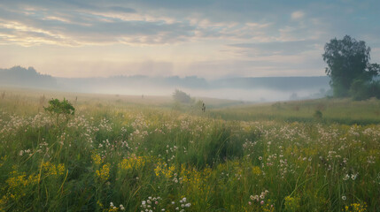 Obraz premium Beautiful natural panoramic countryside landscape. Blooming wild high grass in nature after rain in the morning.