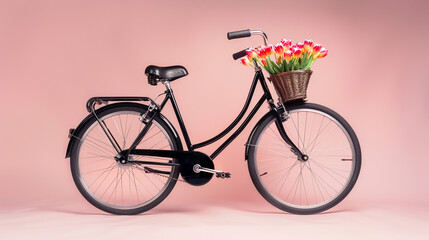 A stylish black bicycle with a front basket of subtle tulips, shown in full view against a soft light pink background, creating a gentle contrast.