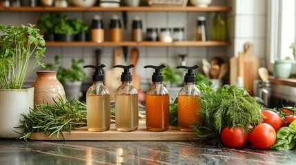 Biodegradable cleaning products rest on a sunlit counter alongside a bounty of fresh vegetables and fragrant herbs, highlighting the power of plant-based cleaning for a healthy home