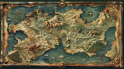 An antique-style engraved map showcasing a mythical land with elaborate borders