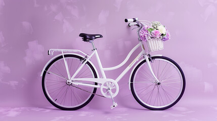 A stylish white bicycle with a simple floral arrangement in the front basket, set against a pastel lavender background.