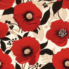 A chic vintage pattern with bold red flowers and delicate leaves, seamlessly tiled for a timeless look