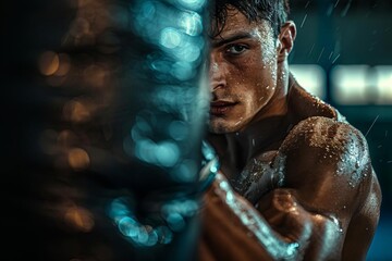 A young male boxer stares down the camera, his face wet with sweat and rain