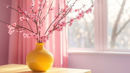 Vase with beautiful blooming sakura branches on table in room