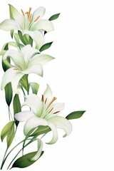 lily themed frame or border for photos and text. with elegant white petals and green stems. watercolor illustration, Perfect for nursery art, simple clipart, single object, white color background. 