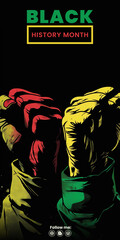 Obraz premium 2 different colored fists on a large plain black background with Black History Month.