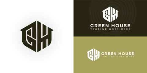Abstract initial hexagon letter GH or HG logo in deep green color isolated on multiple background colors. The logo is suitable for garden construction planner logo design inspiration templates.