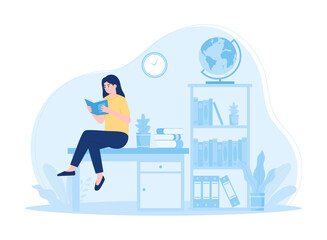 A student sits at a study table reading a book concept flat illustration