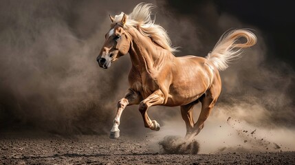 Galloping palomino horse kicking up dust in motion. Dynamic studio action shot. Strength and speed concept. Design for poster, wallpaper, banner.