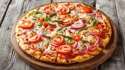 Pizza topped with fresh vegetables on a wooden surface