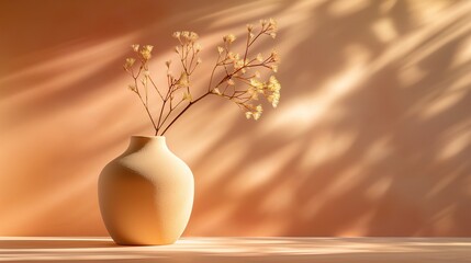 Vase with dried flowers on the background of the shadow of the wall