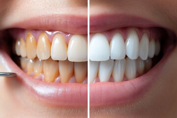 Close-up of a woman's teeth before and after whitening