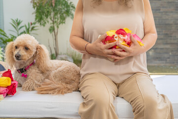 Woman holding rose petals in her hands with dog beside her