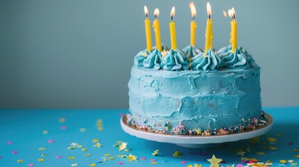 Blue frosted birthday cake with yellow candles on blue backdrop for celebration