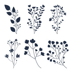 Set minimal feminine botanical floral branch in silhouette style. Vector trendy wedding greenery