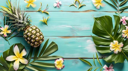 Fototapeta premium Ripe pineapple and beach sea life style objects over pastel mint blue wooden background. Tropical summer vacation concept. 