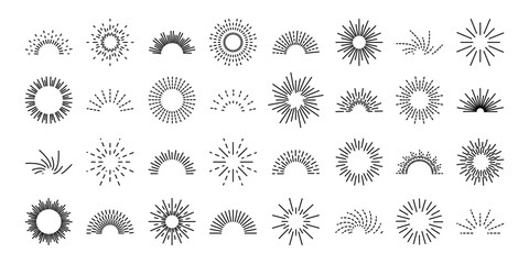Set vintage sunburst. Bursting rays sunrise firework. Vector illustration