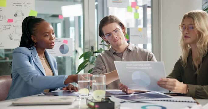 Business people, meeting and employee training with graphs paperwork and teaching sales technique. Corporate group, manager and intern with questions, feedback and advice on performance in office