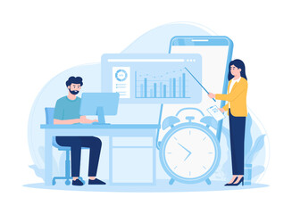 Employees analyze monthly income  concept flat illustration